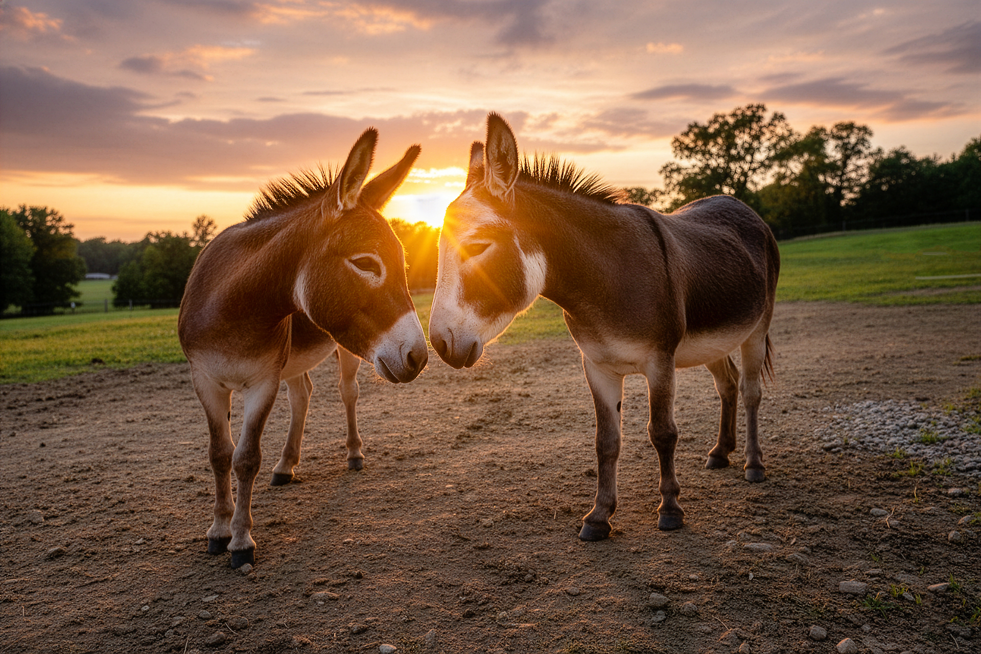 two donkeys kissing during professional sunset farm photography session at Moments By T Franklin Tennessee