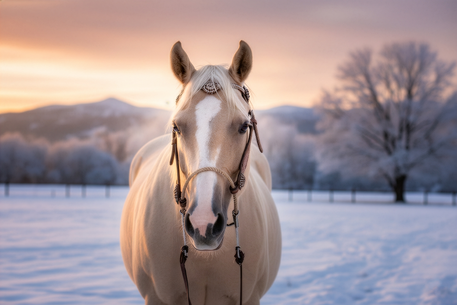 Blonde horse at sunset in the snow during professional Equine photography session at Moments By T Franklin Tennessee