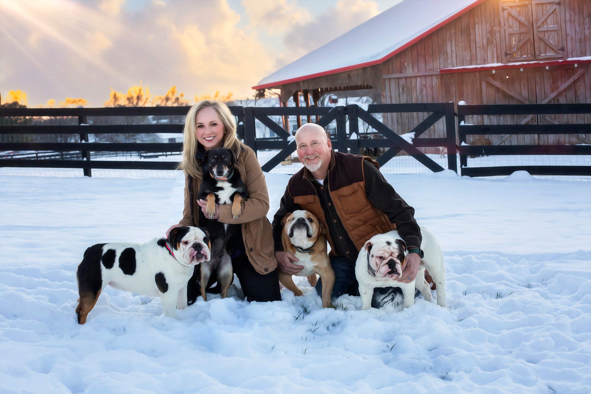 Couple sitting in the snow with their four bulldogs in front of their barn during professional photography session at Moments By T Franklin Tennessee